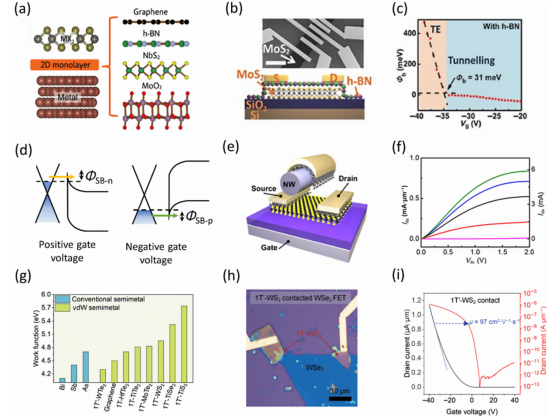 通过缓冲层优化RC：(a) 金属/缓冲层/MX₂结构示意图；(b) h-BN缓冲层器件SEM图；(c) h-BN厚度对SBH的调控；(d) 石墨烯接触能带对齐；(e) 石墨烯混合接触器件示意图；(f) 80nm MoS₂晶体管转移曲线；(g) 二维半金属功函数总结；(h) 1T'-WS₂接触WSe₂器件光学图；(i) 器件转移曲线