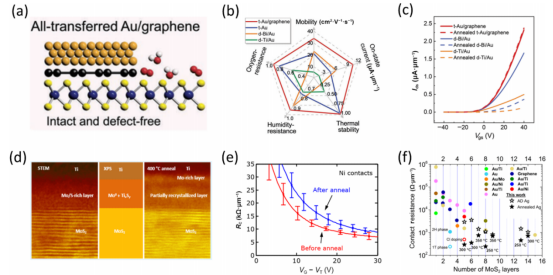 接触界面稳定性优化。(a) 石墨烯全转移接触器件；(b) 器件综合特性；(c) 不同接触退火性能对比；(d) Ti高温扩散；(e) Ni接触退火前后RC变化；(f) Ag接触RC退火变化。