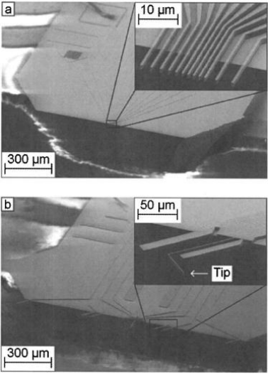 不同间距四探针的扫描电子显微镜图像。(a) 10 μm间距微四探针，(b) 500 μm间距宏观四探针.png
