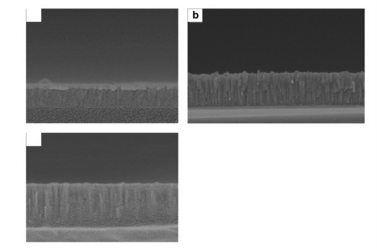 ITO 薄膜截面扫描电镜形貌。上排左、右分别为 200 nm 与 300 nm 样品,下排左为 350 nm 样品.png ITO 薄膜截面扫描电镜形貌。上排左、右分别为 200 nm 与 300 nm 样品,下排左为 350 nm 样品.png